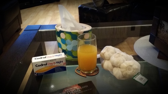 Cold and Flu tablets, tissues, orange juice and... garlic?